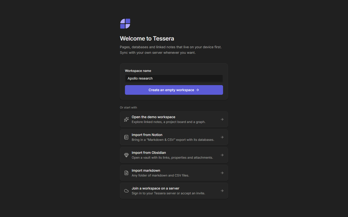 The first-run screen offering an empty workspace, the demo workspace and importers
