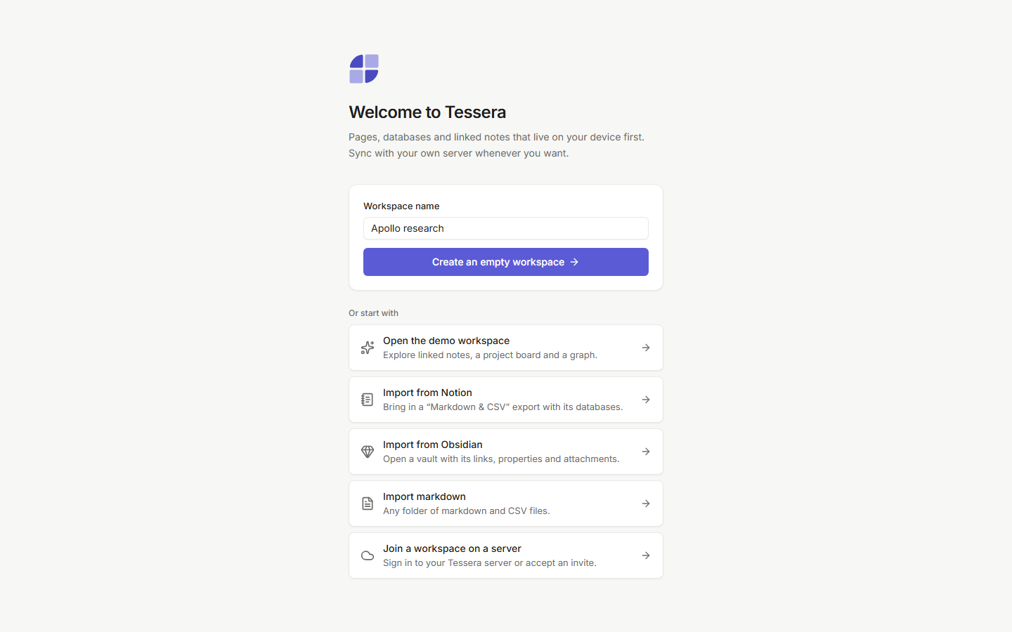The first-run screen offering an empty workspace, the demo workspace and importers