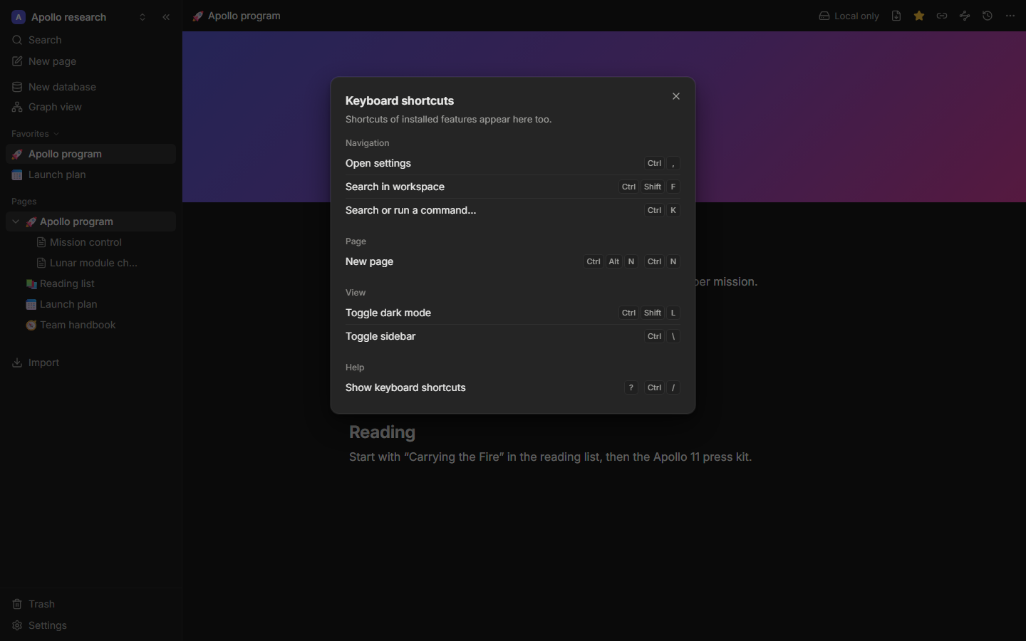 The keyboard shortcuts overlay, grouped by area