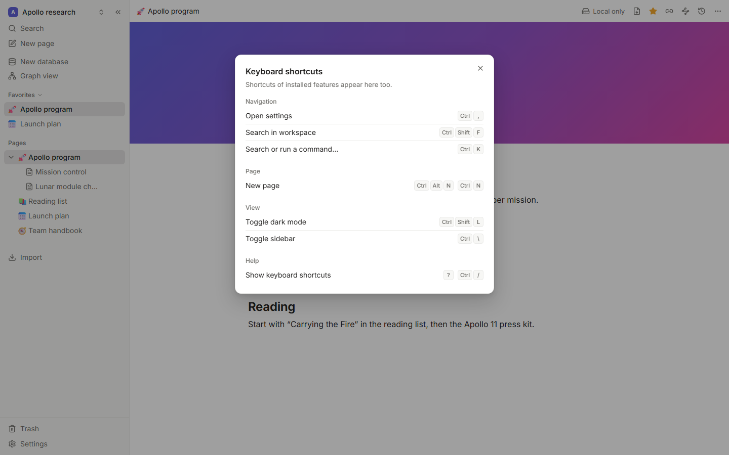 The keyboard shortcuts overlay, grouped by area