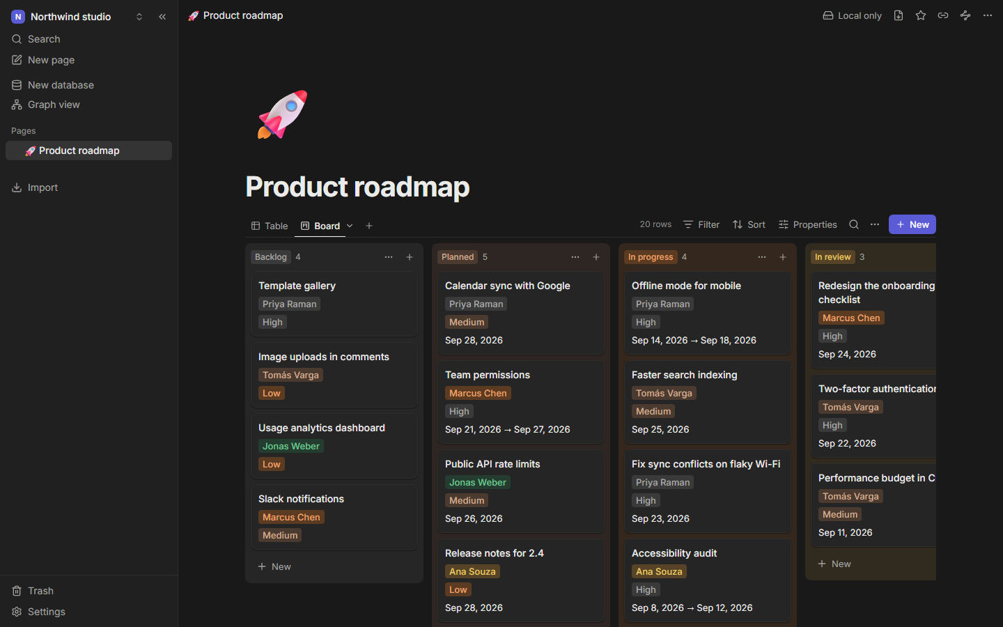 A project board grouped by status