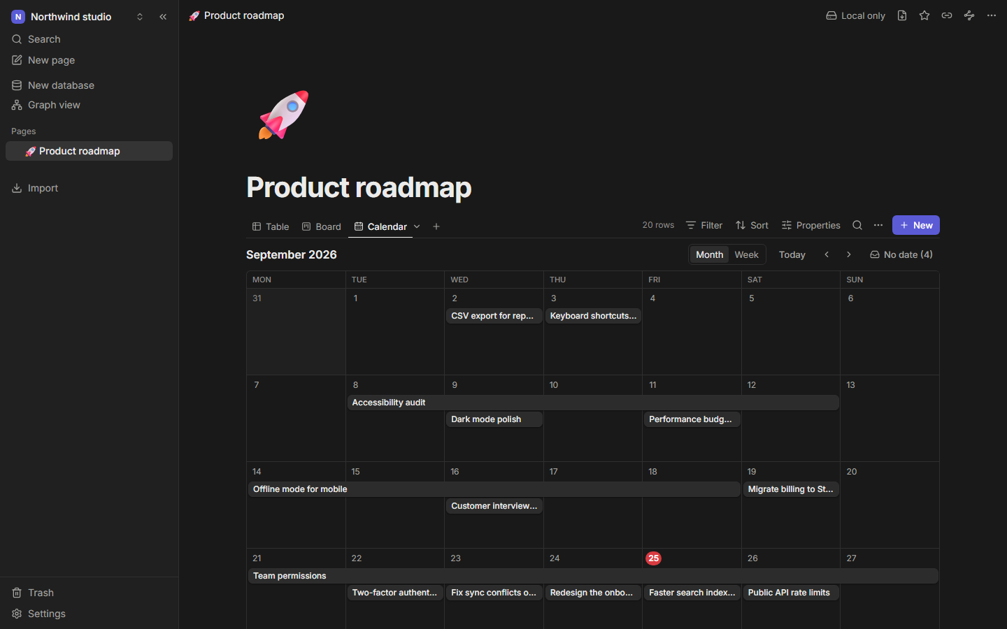 The calendar view by month