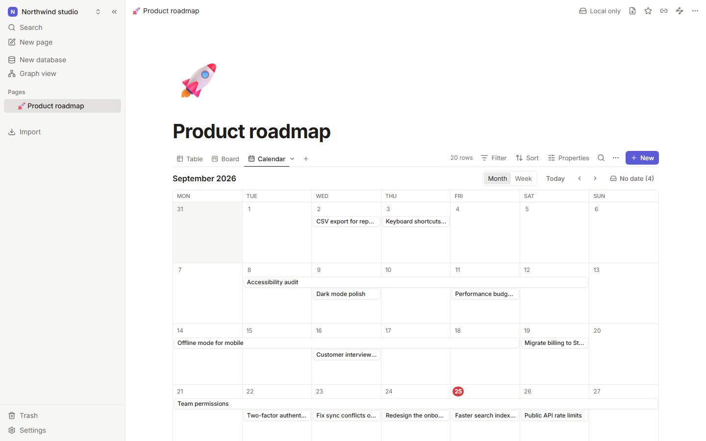 The calendar view by month