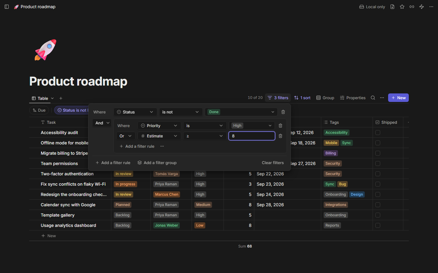The filter builder with nested conditions