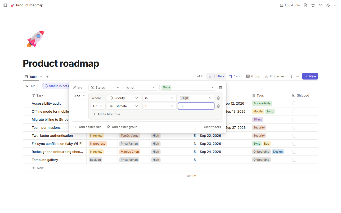 The filter builder with nested conditions