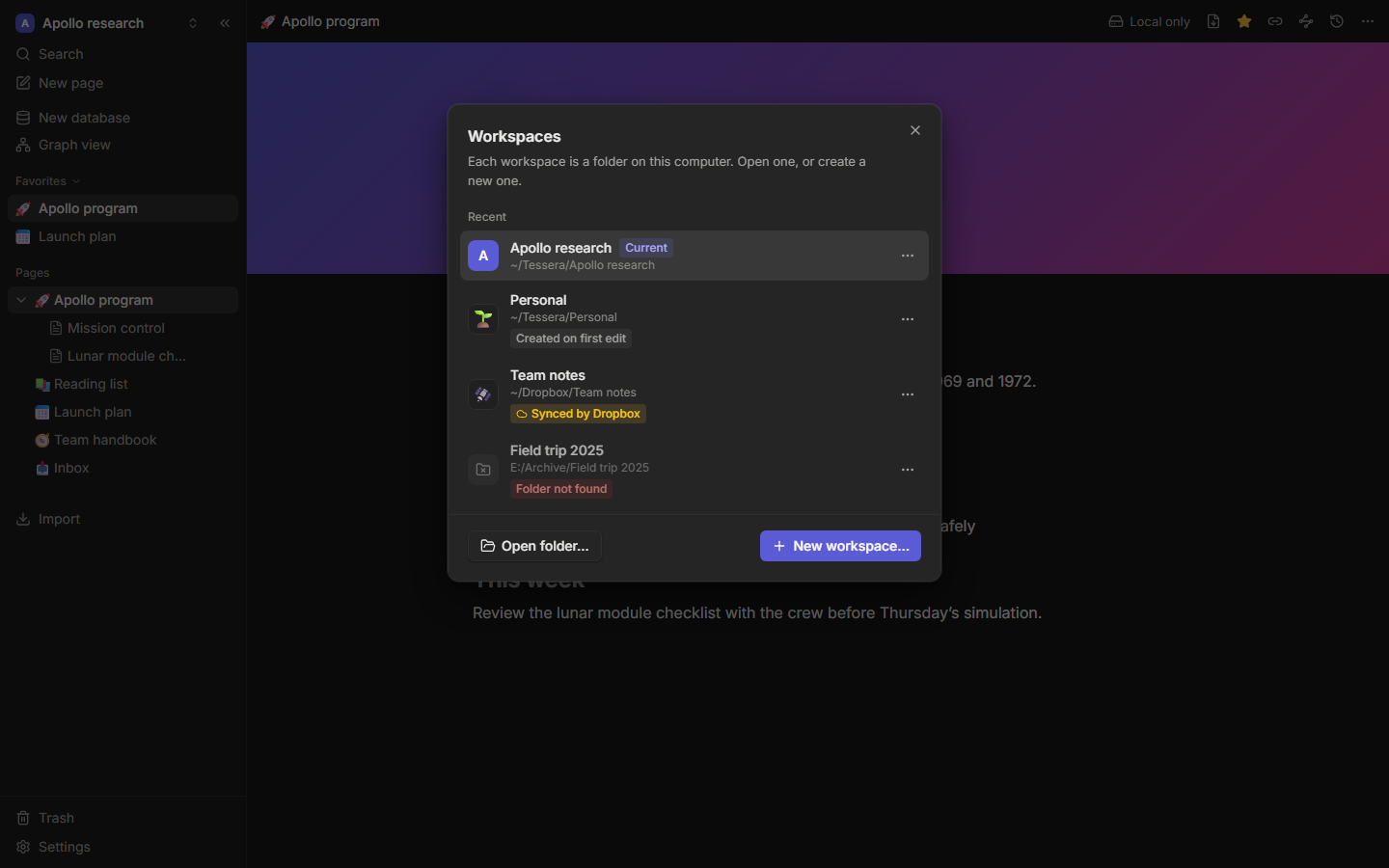 Choosing a workspace folder