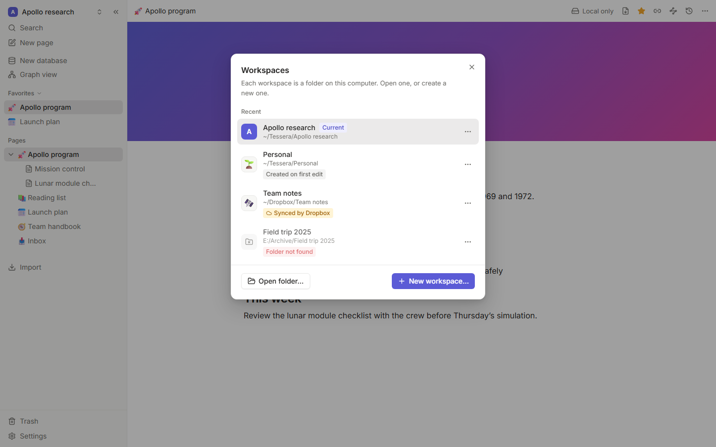 Choosing a workspace folder