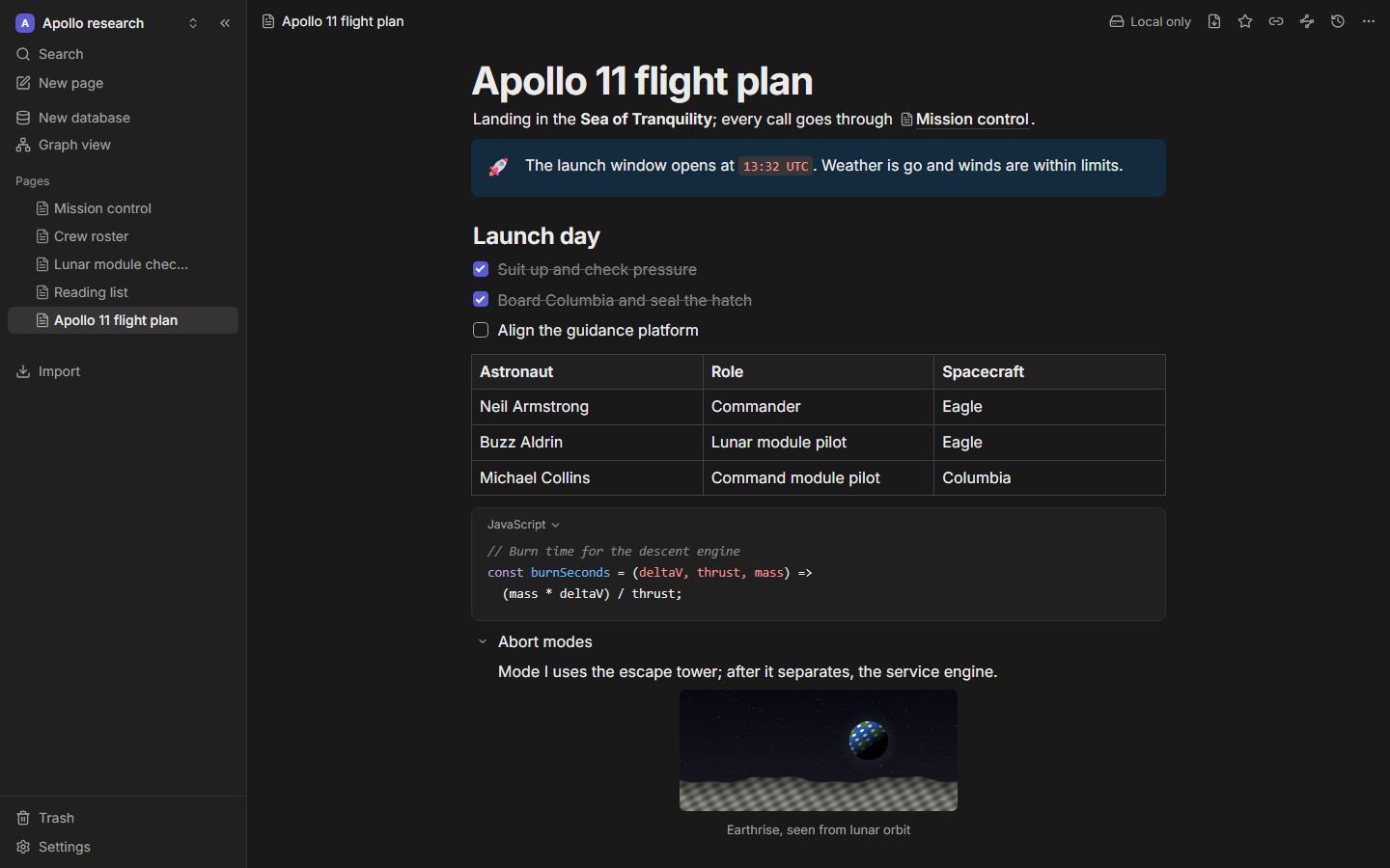 A page with headings, a callout, a code block, a table, a toggle and a task list