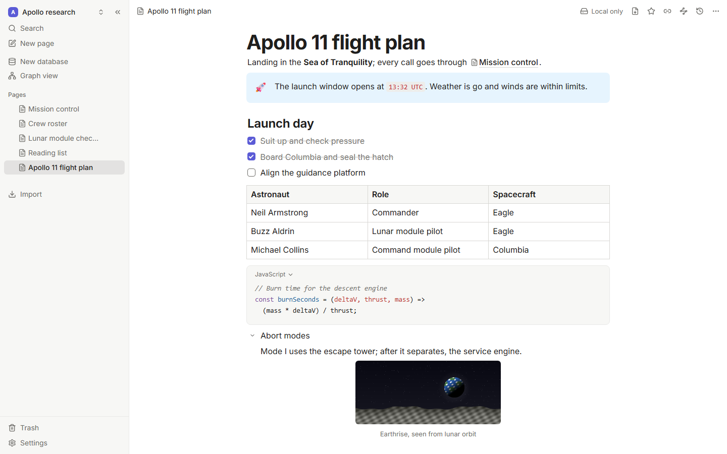 A page with headings, a callout, a code block, a table, a toggle and a task list