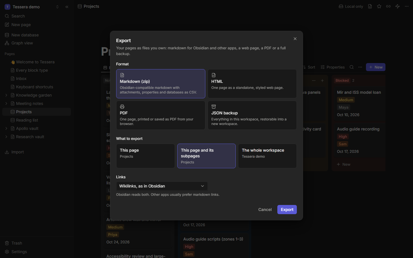 The export dialog with format and scope options