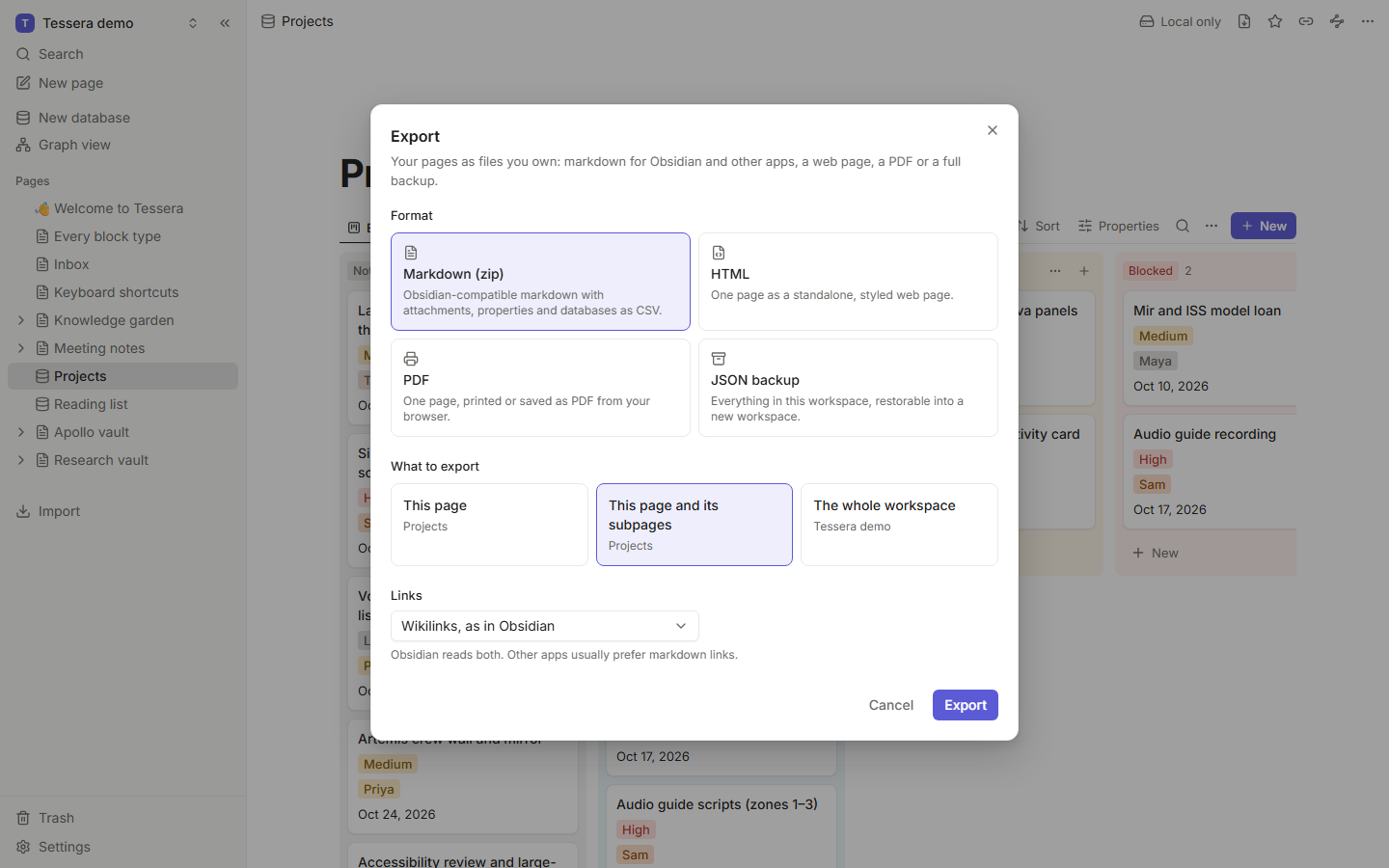 The export dialog with format and scope options