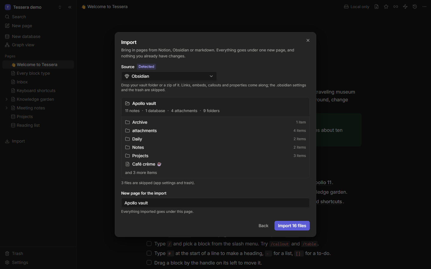 The import dialog with a detected Obsidian vault