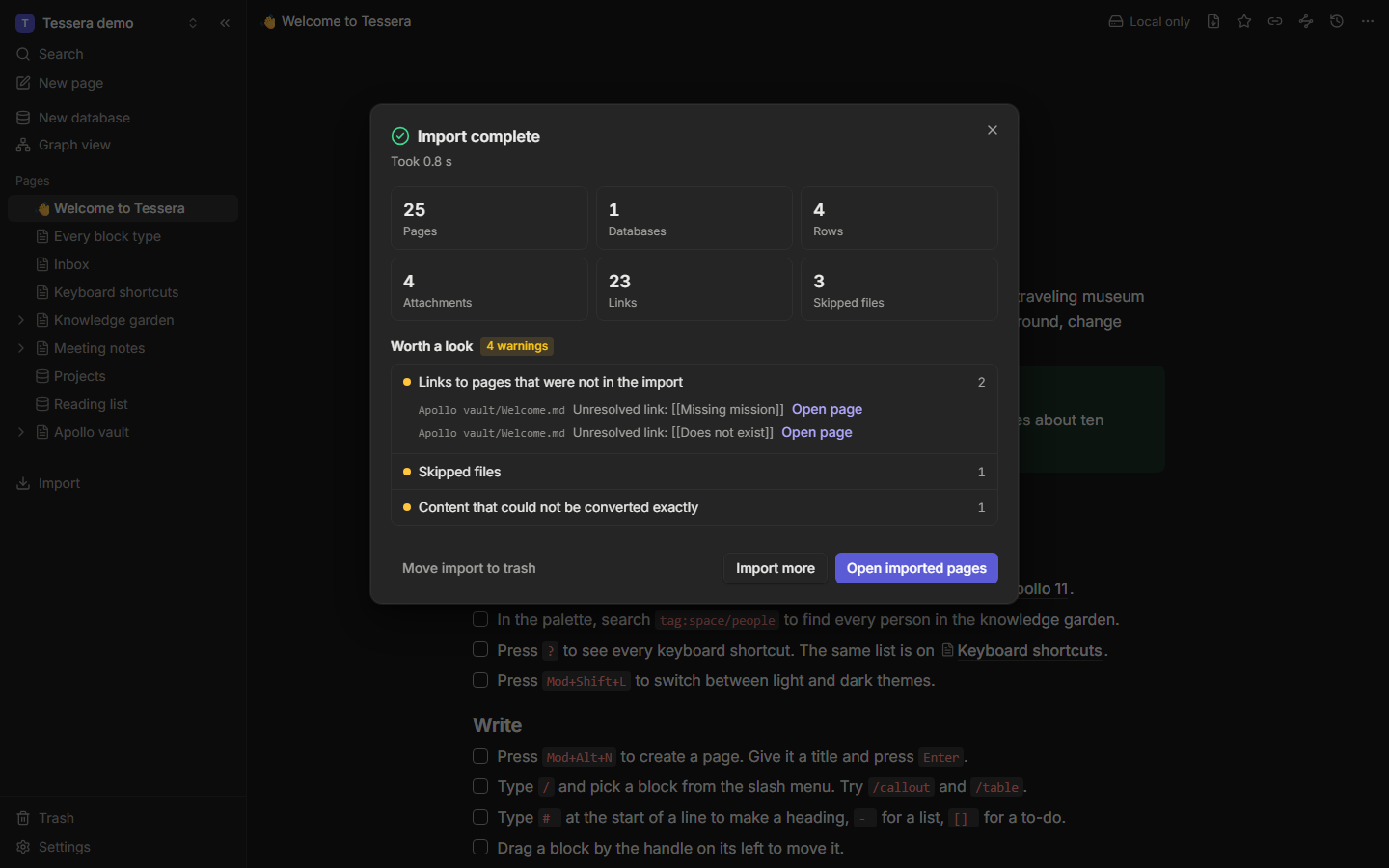 The import report with counts and warnings