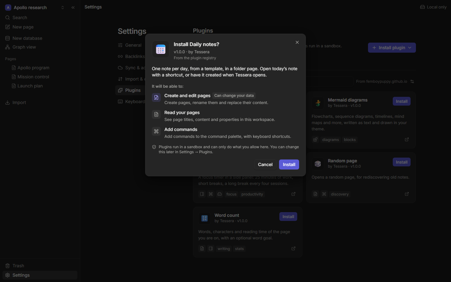 The permission prompt shown before installing