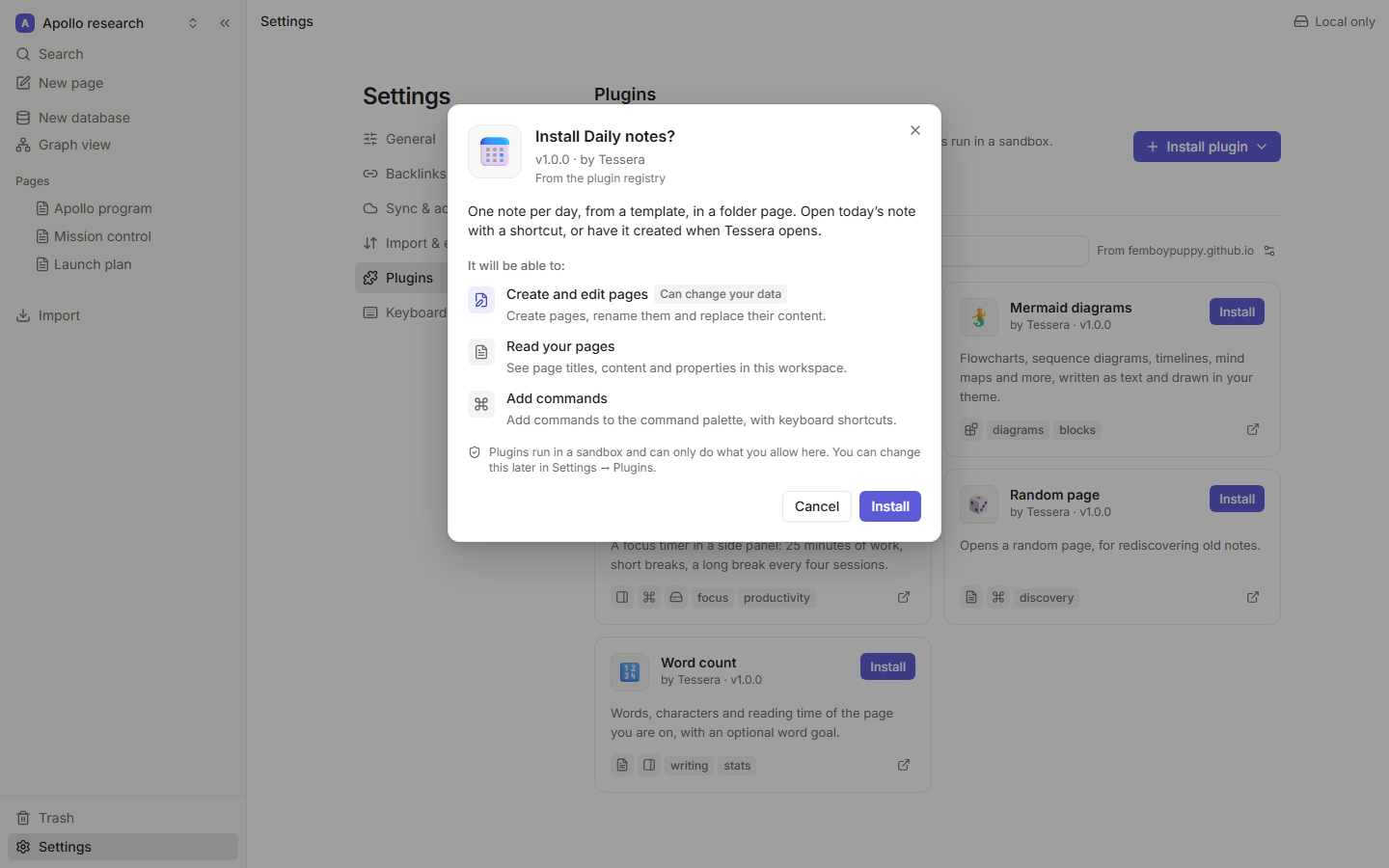 The permission prompt shown before installing