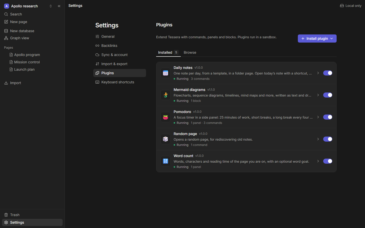 Settings → Plugins with five plugins installed