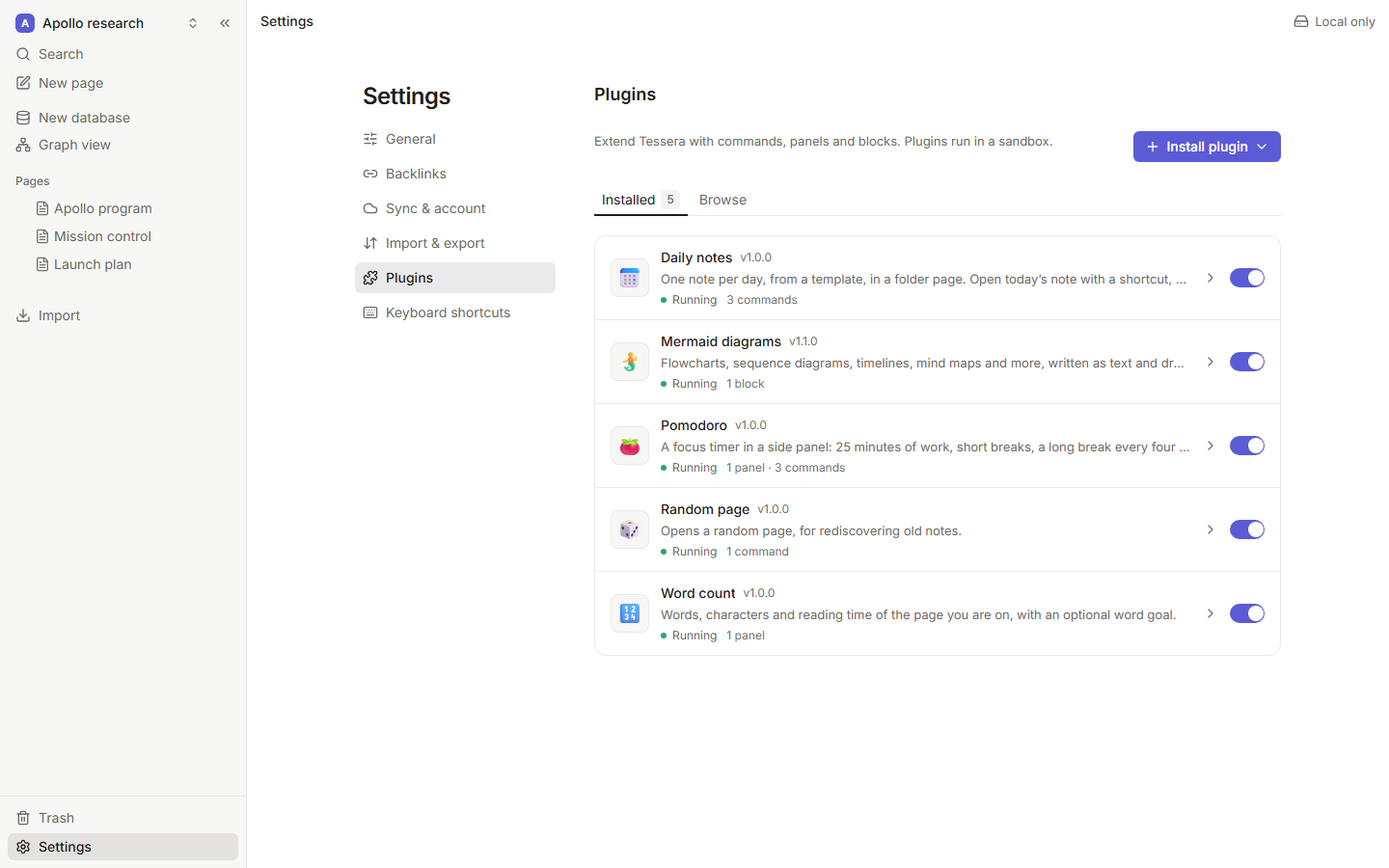 Settings → Plugins with five plugins installed