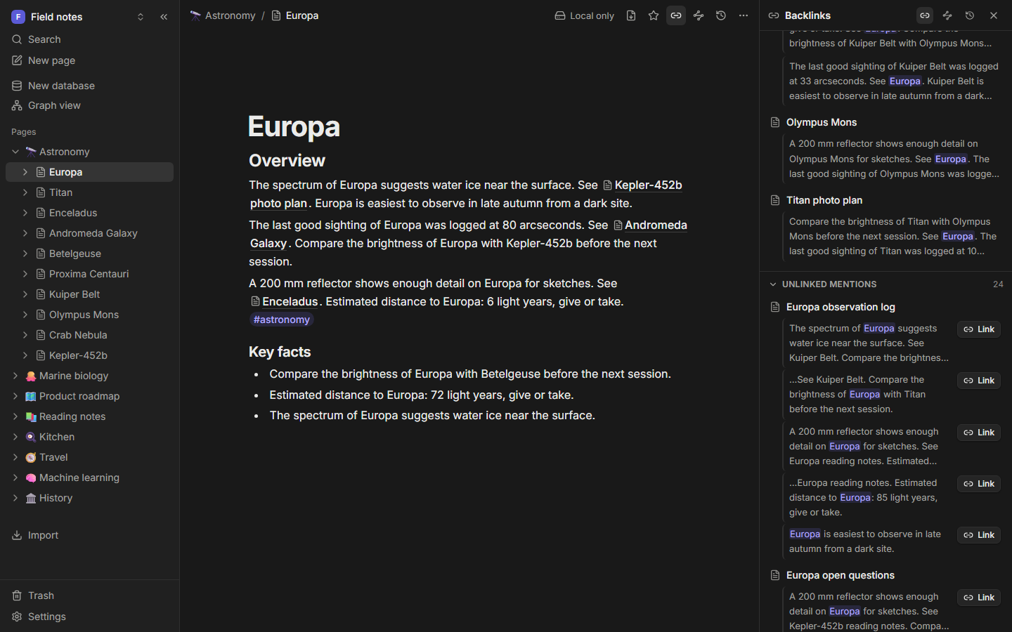 The backlinks panel with linked references and unlinked mentions