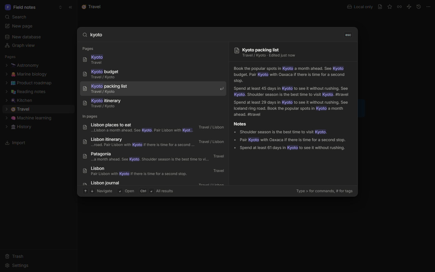 The command palette with page results, a text snippet and commands