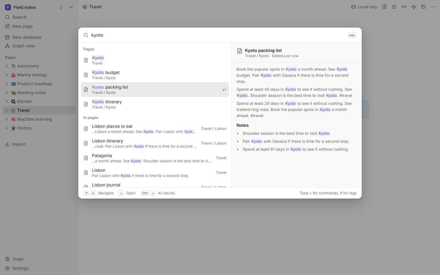 The command palette with page results, a text snippet and commands