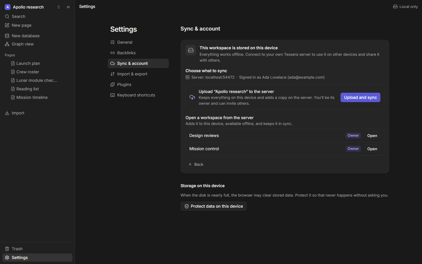 Settings: connecting a workspace to a server