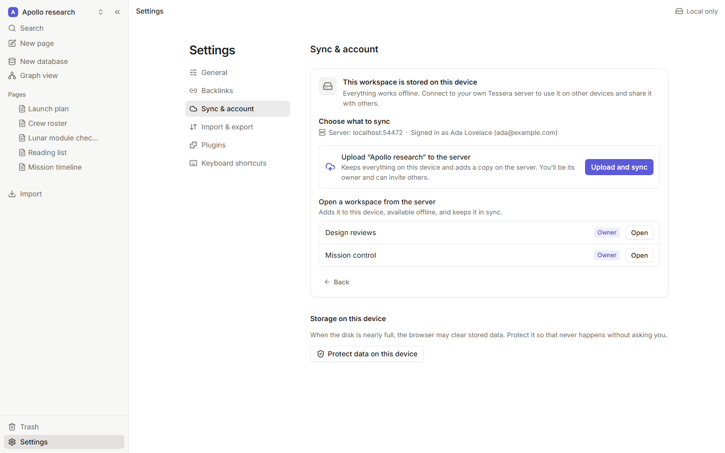 Settings: connecting a workspace to a server