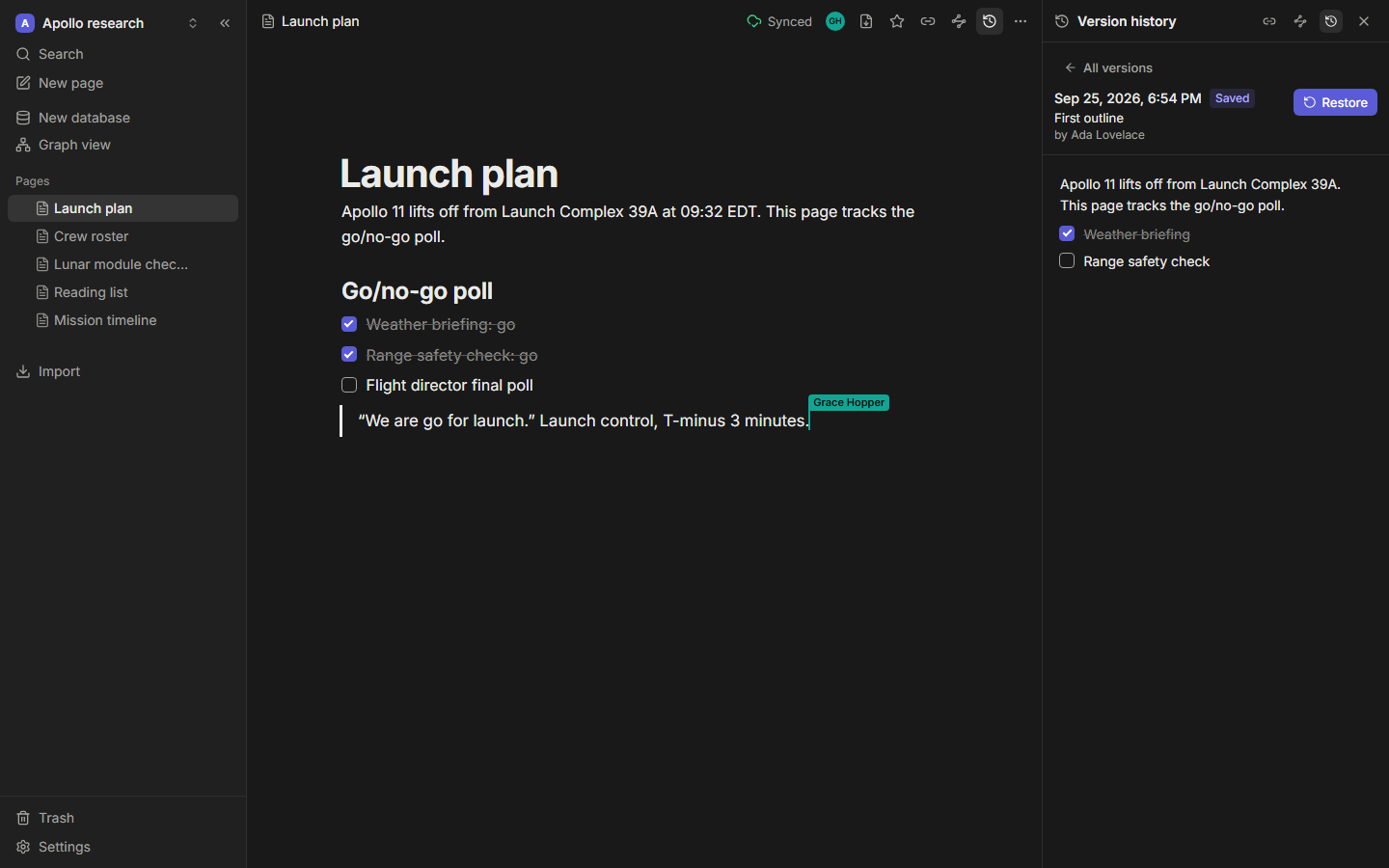 The version history panel with a preview
